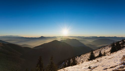 Scenic view of mountains against clear blue sky