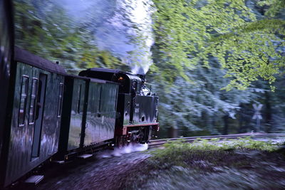Blurred motion of train amidst trees