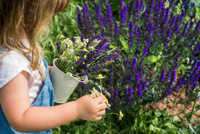 Midsection of woman holding purple flowering plants