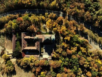 High angle view of trees by lake during autumn