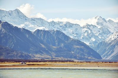 Scenic view of snowcapped mountains against sky