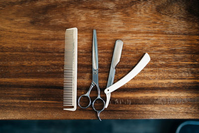 High angle view of objects on table