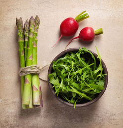 High angle view of chopped vegetables in bowl on table