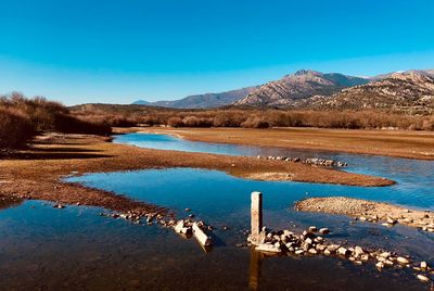 Scenic view of lake against clear blue sky