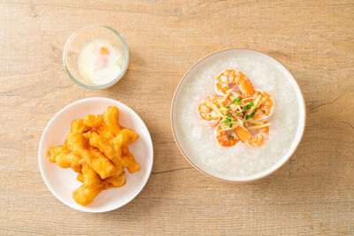 High angle view of breakfast served on table