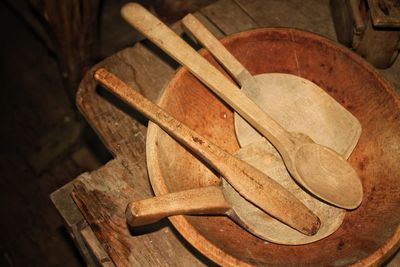 Close-up of wooden equipment on table