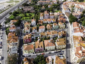 High angle view of buildings in city