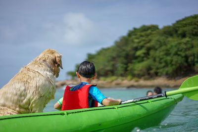 Rear view of boy and dog on kayak in lake