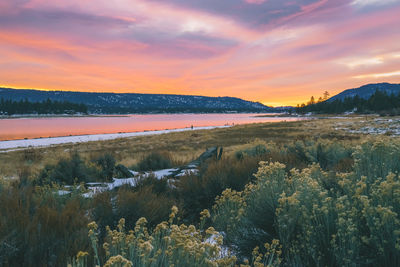 Scenic view of lake against sky during sunset