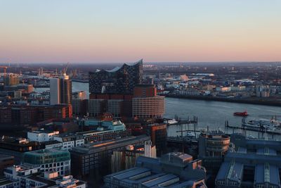 High angle view of city at sunset