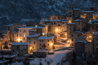 Buildings in city during winter