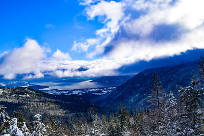 Scenic view of sea by mountains against sky