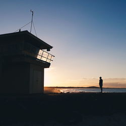 Silhouette man standing on beach against sky during sunset
