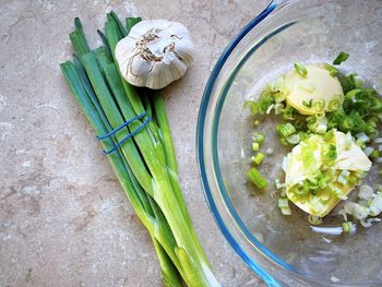 High angle view of vegetables in bowl on table