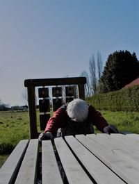 Rear view of woman sitting on bench against clear sky