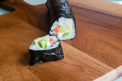 Close-up of sushi served on table