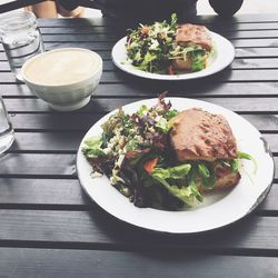 High angle view of salad in bowl on table