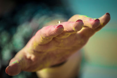 Close-up of hand holding leaf