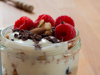 Close-up of strawberries in bowl on table