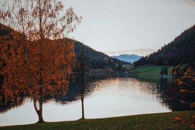 Scenic view of lake against clear sky during autumn