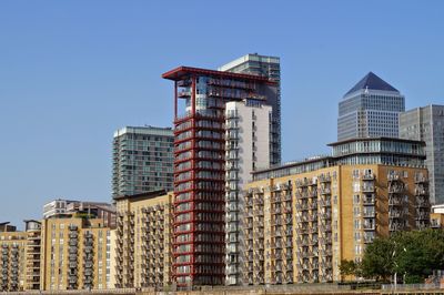 Low angle view of modern building against clear sky