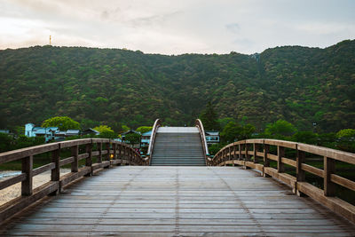 Wooden footbridge along plants and trees against sky