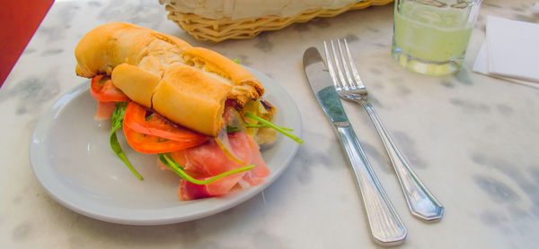 High angle view of food in plate on table