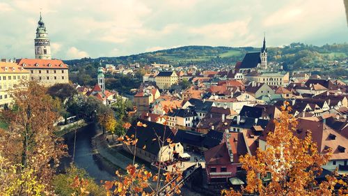 High angle shot of townscape against sky