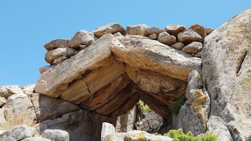 Low angle view of rocks against clear blue sky