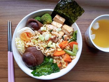 High angle view of meal served on table