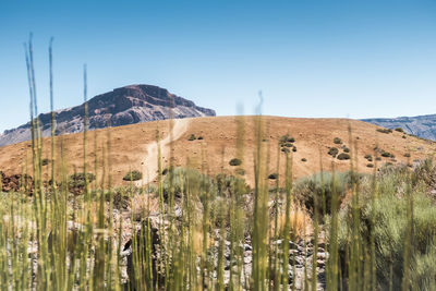 Panoramic view of land and mountains against clear sky