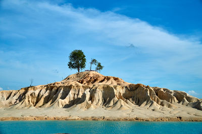 Rock formations on shore against sky