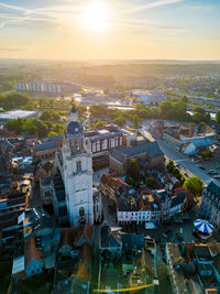 High angle view of townscape against sky during sunset