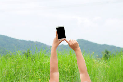 Rear view of woman holding smart phone on grassy field