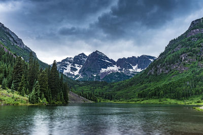 Scenic view of lake by mountains against sky