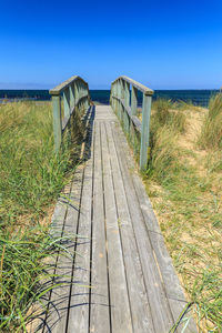 Scenic view of beach against clear blue sky