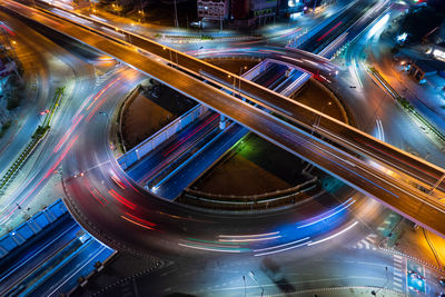 High angle view of light trails