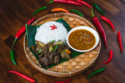 High angle view of meal served on table