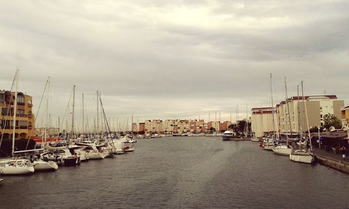 Sailboats moored at harbor against sky