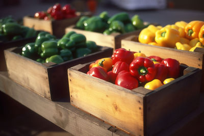 High angle view of bell peppers for sale at market stall