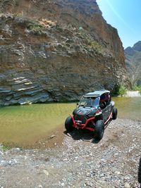 Vintage car on rocky mountain