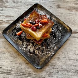 High angle view of dessert in plate on table