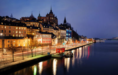 Reflection of illuminated buildings in river at night