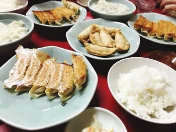 High angle view of food served on table