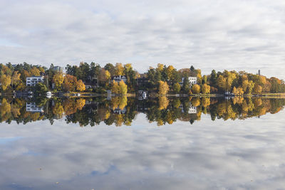 Reflection of trees in water against sky