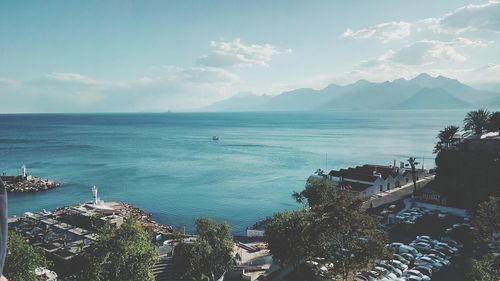 High angle view of bay against sky