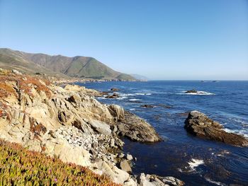 Scenic view of sea against clear blue sky