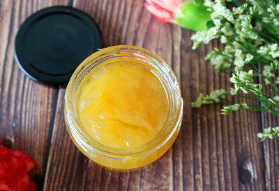 High angle view of drink in jar on table