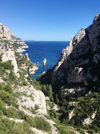 Scenic view of sea and rocks against clear blue sky