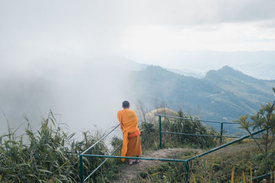 Rear view of man looking at mountain against sky